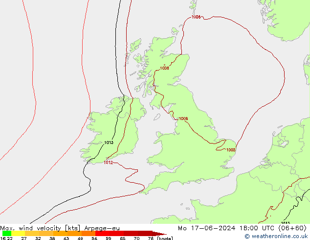 Max. wind velocity Arpege-eu Mo 17.06.2024 18 UTC