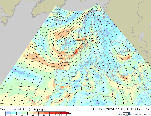 wiatr 10 m (bft) Arpege-eu so. 15.06.2024 15 UTC