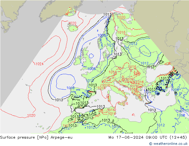 приземное давление Arpege-eu пн 17.06.2024 09 UTC