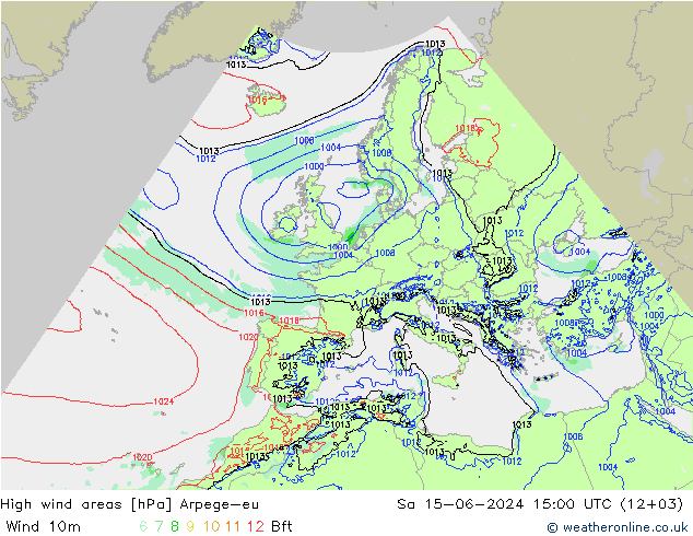 High wind areas Arpege-eu So 15.06.2024 15 UTC