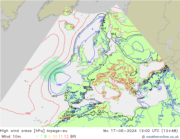 yüksek rüzgarlı alanlar Arpege-eu Pzt 17.06.2024 12 UTC