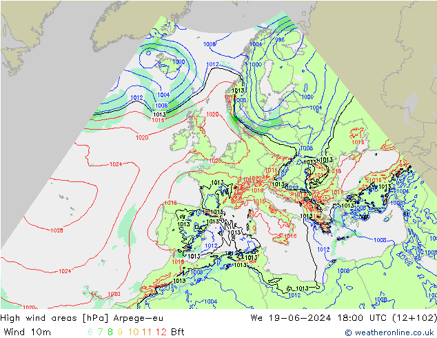High wind areas Arpege-eu We 19.06.2024 18 UTC