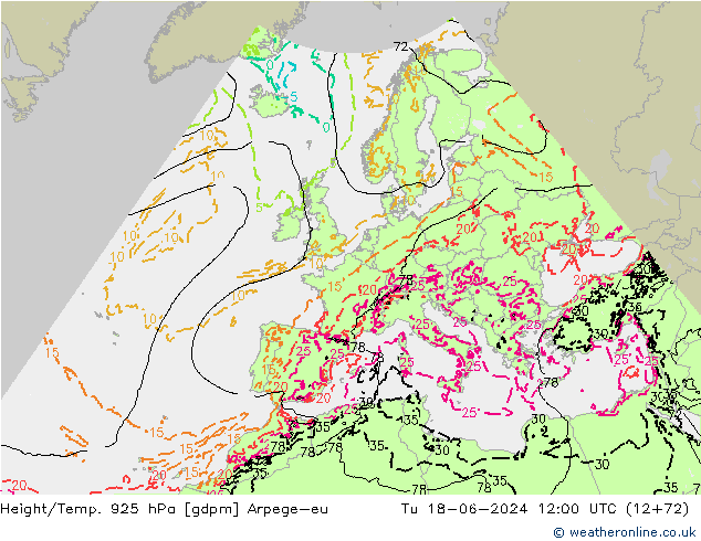 Height/Temp. 925 hPa Arpege-eu Tu 18.06.2024 12 UTC