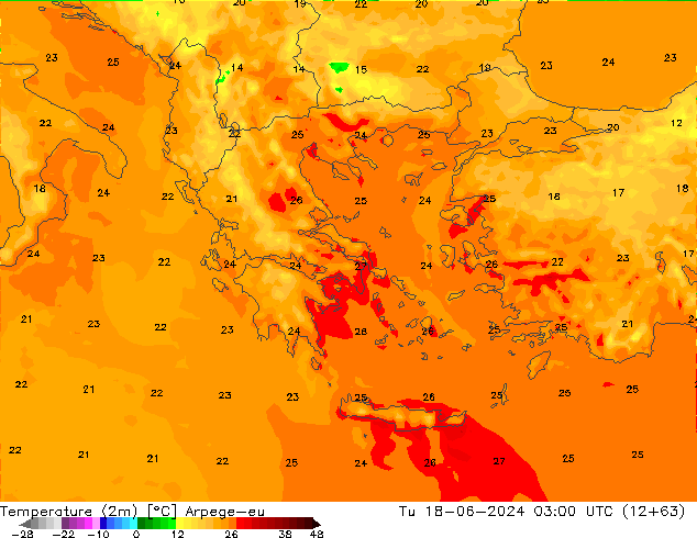 mapa temperatury (2m) Arpege-eu wto. 18.06.2024 03 UTC