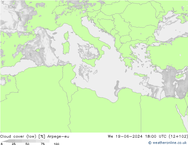 Cloud cover (low) Arpege-eu We 19.06.2024 18 UTC