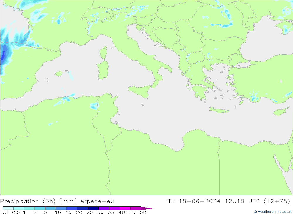 Precipitation (6h) Arpege-eu Tu 18.06.2024 18 UTC