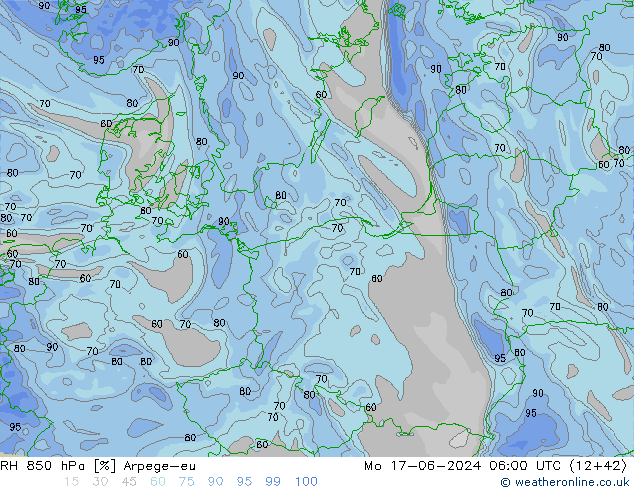 Humidité rel. 850 hPa Arpege-eu lun 17.06.2024 06 UTC