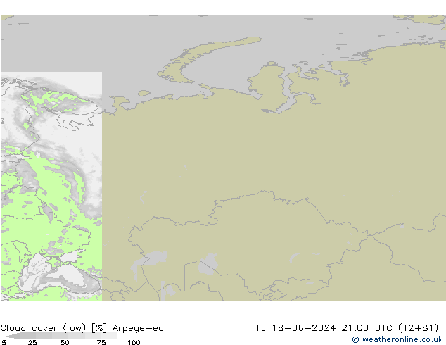 Cloud cover (low) Arpege-eu Tu 18.06.2024 21 UTC