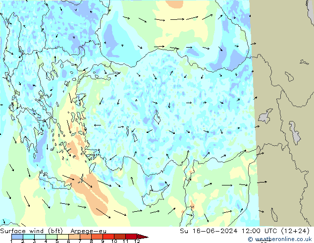 Rüzgar 10 m (bft) Arpege-eu Paz 16.06.2024 12 UTC