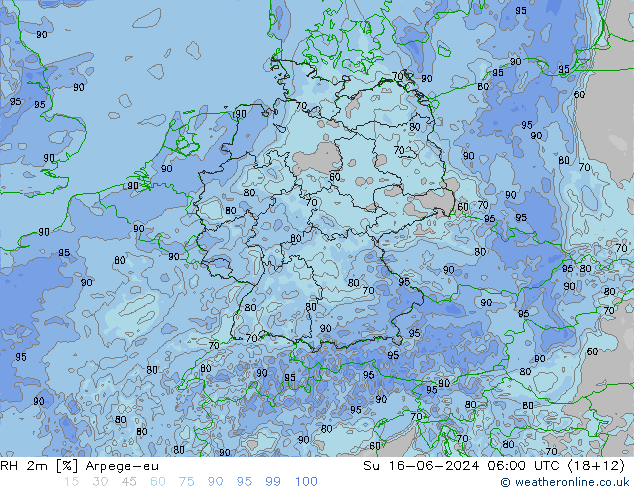 RH 2m Arpege-eu 星期日 16.06.2024 06 UTC