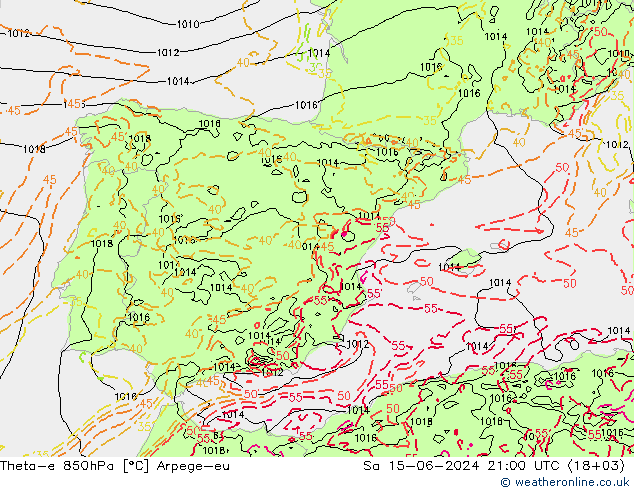 Theta-e 850hPa Arpege-eu Cts 15.06.2024 21 UTC
