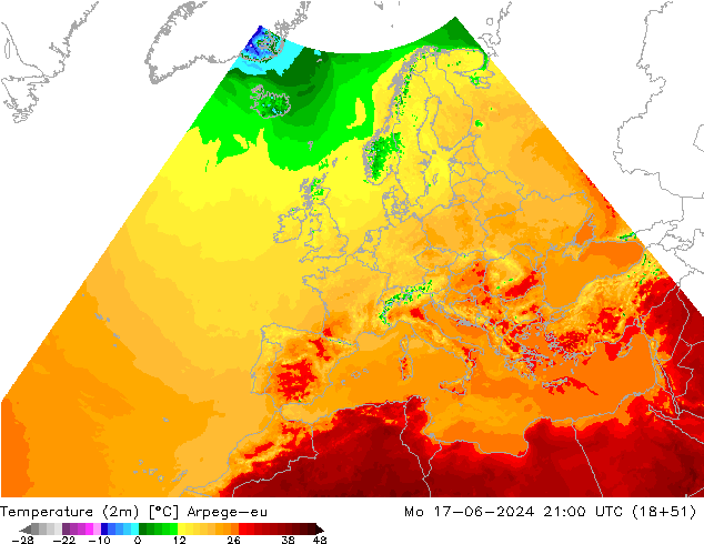 Sıcaklık Haritası (2m) Arpege-eu Pzt 17.06.2024 21 UTC