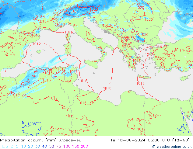Precipitation accum. Arpege-eu wto. 18.06.2024 06 UTC