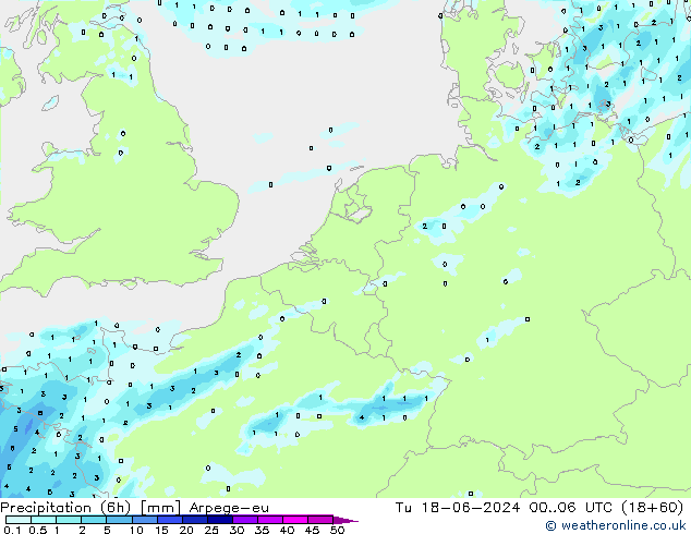 Precipitation (6h) Arpege-eu Tu 18.06.2024 06 UTC