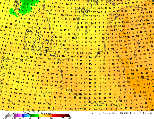 Temperature (2m) Arpege-eu Mo 17.06.2024 06 UTC