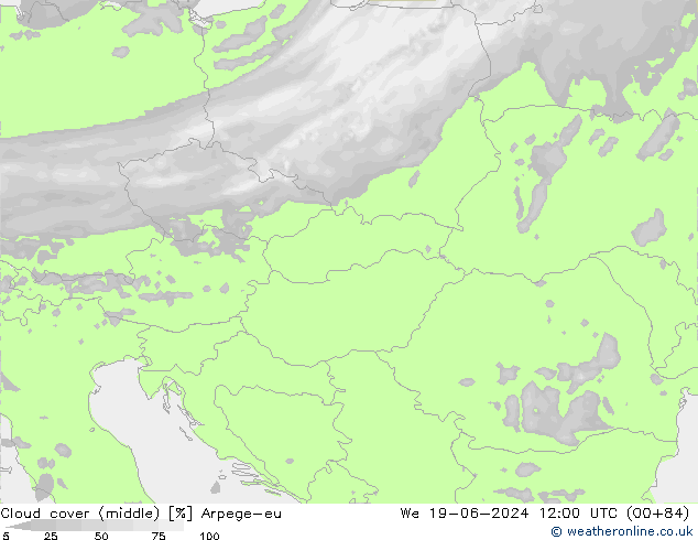 oblačnosti uprostřed Arpege-eu St 19.06.2024 12 UTC