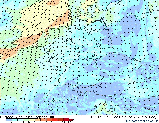 Surface wind (bft) Arpege-eu Ne 16.06.2024 03 UTC