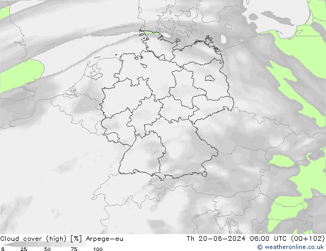 Cloud cover (high) Arpege-eu Th 20.06.2024 06 UTC