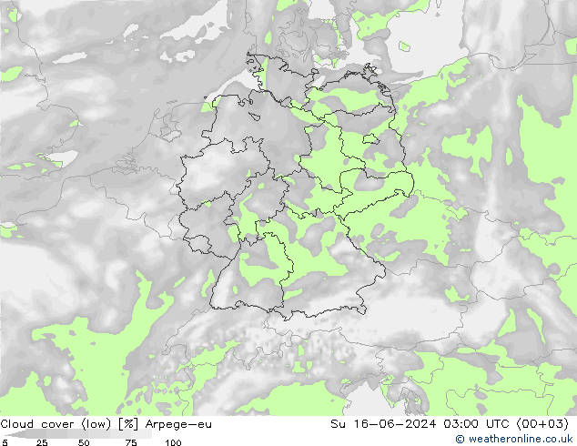 Cloud cover (low) Arpege-eu Su 16.06.2024 03 UTC