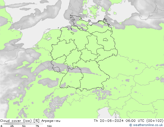 Cloud cover (low) Arpege-eu Th 20.06.2024 06 UTC