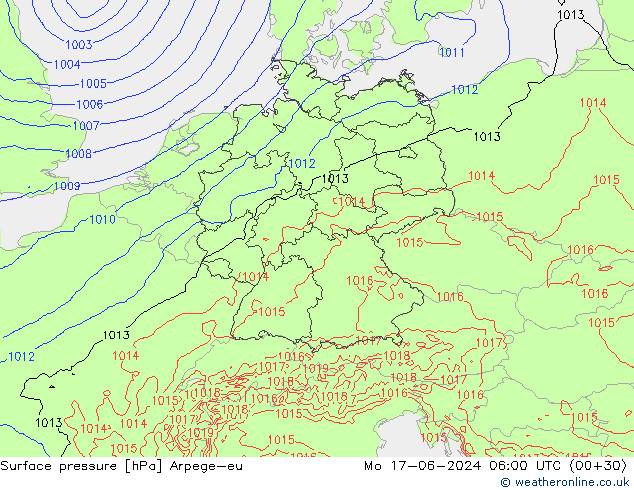 Atmosférický tlak Arpege-eu Po 17.06.2024 06 UTC