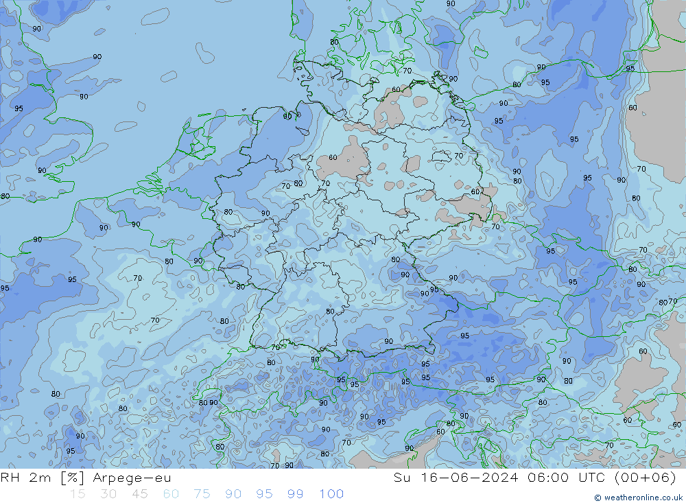 Humidité rel. 2m Arpege-eu dim 16.06.2024 06 UTC