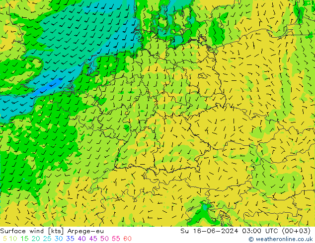 Surface wind Arpege-eu Ne 16.06.2024 03 UTC
