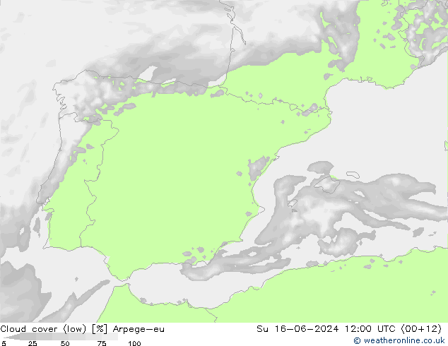 Cloud cover (low) Arpege-eu Su 16.06.2024 12 UTC