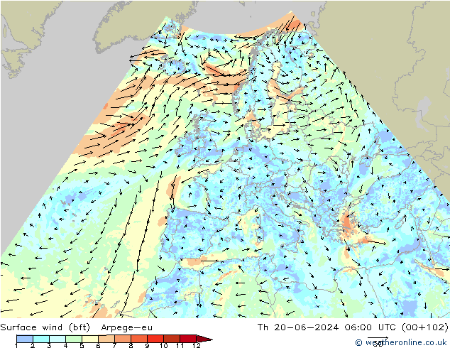 Surface wind (bft) Arpege-eu Th 20.06.2024 06 UTC