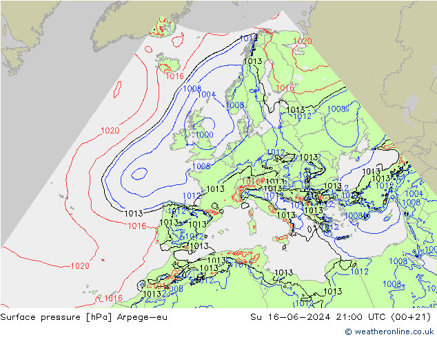 Pressione al suolo Arpege-eu dom 16.06.2024 21 UTC