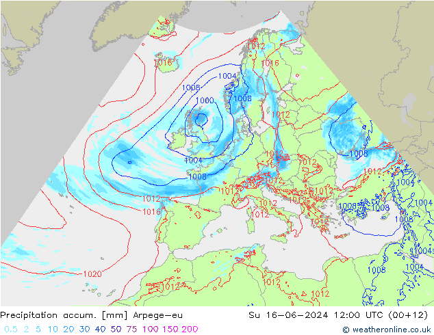 Precipitation accum. Arpege-eu 星期日 16.06.2024 12 UTC