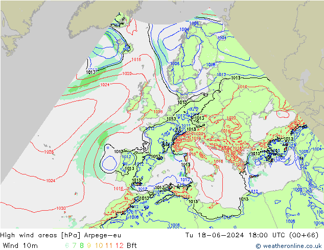 High wind areas Arpege-eu Út 18.06.2024 18 UTC