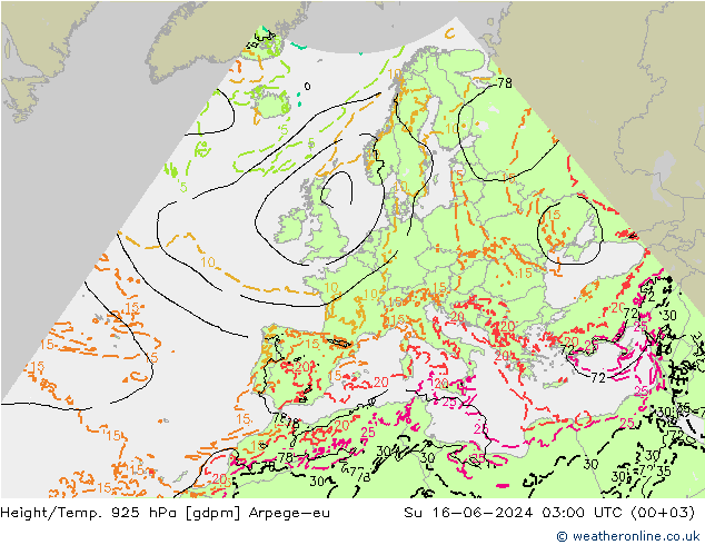 Height/Temp. 925 hPa Arpege-eu 星期日 16.06.2024 03 UTC