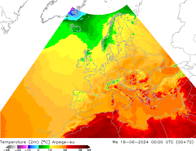 Temperaturkarte (2m) Arpege-eu Mi 19.06.2024 00 UTC