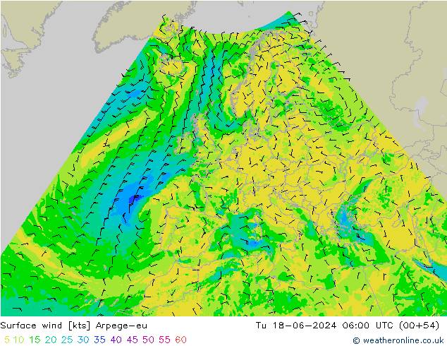 Surface wind Arpege-eu Tu 18.06.2024 06 UTC