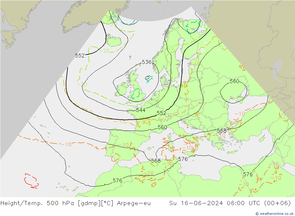 Yükseklik/Sıc. 500 hPa Arpege-eu Paz 16.06.2024 06 UTC