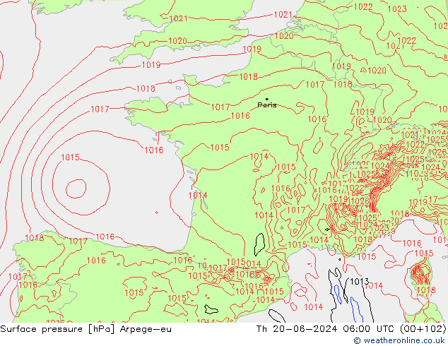 Atmosférický tlak Arpege-eu Čt 20.06.2024 06 UTC