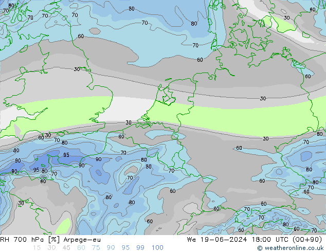 RH 700 hPa Arpege-eu mer 19.06.2024 18 UTC