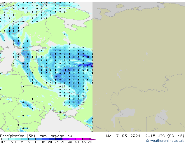 Totale neerslag (6h) Arpege-eu ma 17.06.2024 18 UTC