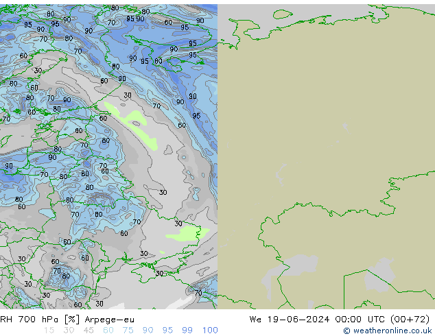 RH 700 hPa Arpege-eu mer 19.06.2024 00 UTC