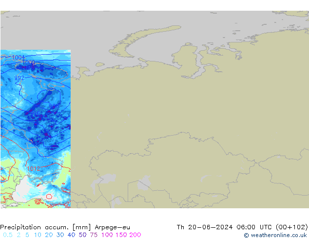 Precipitation accum. Arpege-eu Čt 20.06.2024 06 UTC