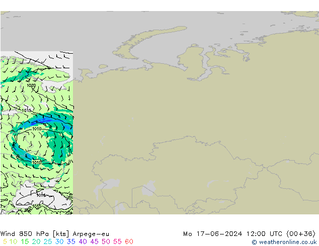 Wind 850 hPa Arpege-eu Po 17.06.2024 12 UTC