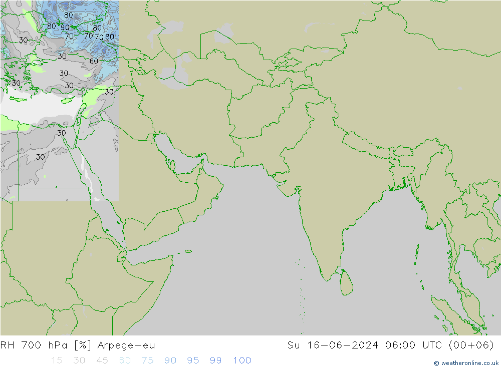 RH 700 hPa Arpege-eu Su 16.06.2024 06 UTC