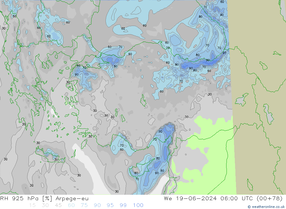 RH 925 hPa Arpege-eu mer 19.06.2024 06 UTC