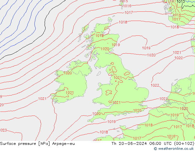 Atmosférický tlak Arpege-eu Čt 20.06.2024 06 UTC