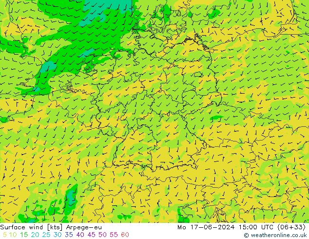 Surface wind Arpege-eu Mo 17.06.2024 15 UTC