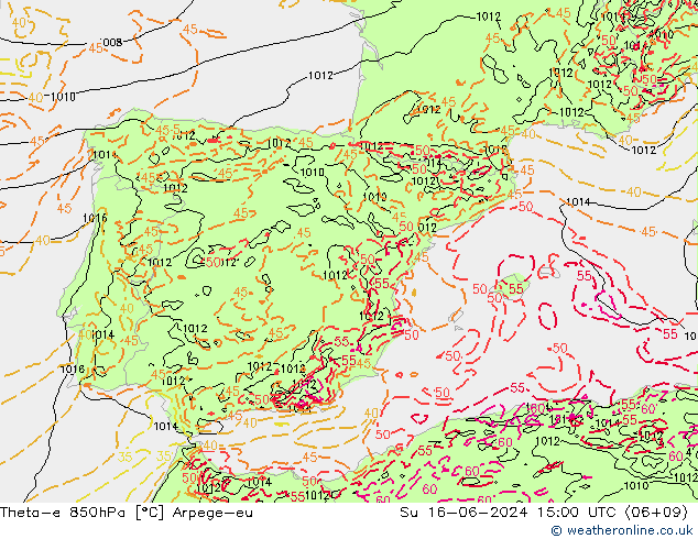Theta-e 850hPa Arpege-eu Su 16.06.2024 15 UTC