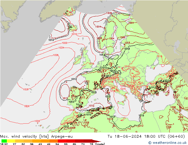 Max. wind velocity Arpege-eu Út 18.06.2024 18 UTC