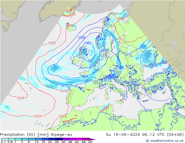 Precipitation (6h) Arpege-eu Su 16.06.2024 12 UTC