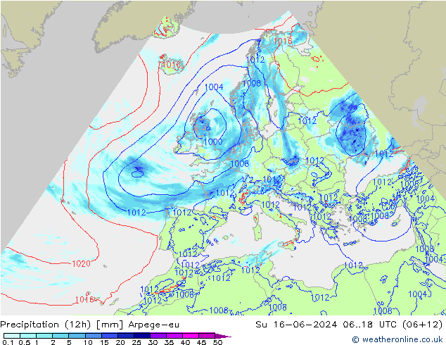Yağış (12h) Arpege-eu Paz 16.06.2024 18 UTC